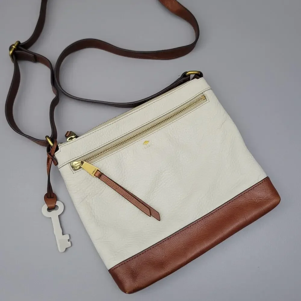 Fossil Fiona Crossbody Women's Purse Small Off White Brown Straps Key Vintage